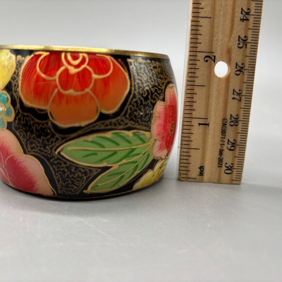 Brass Bangle Bracelet Hand Painted Floral Enamel Wide Boho Retro Vintage Style - Picture 6 of 9